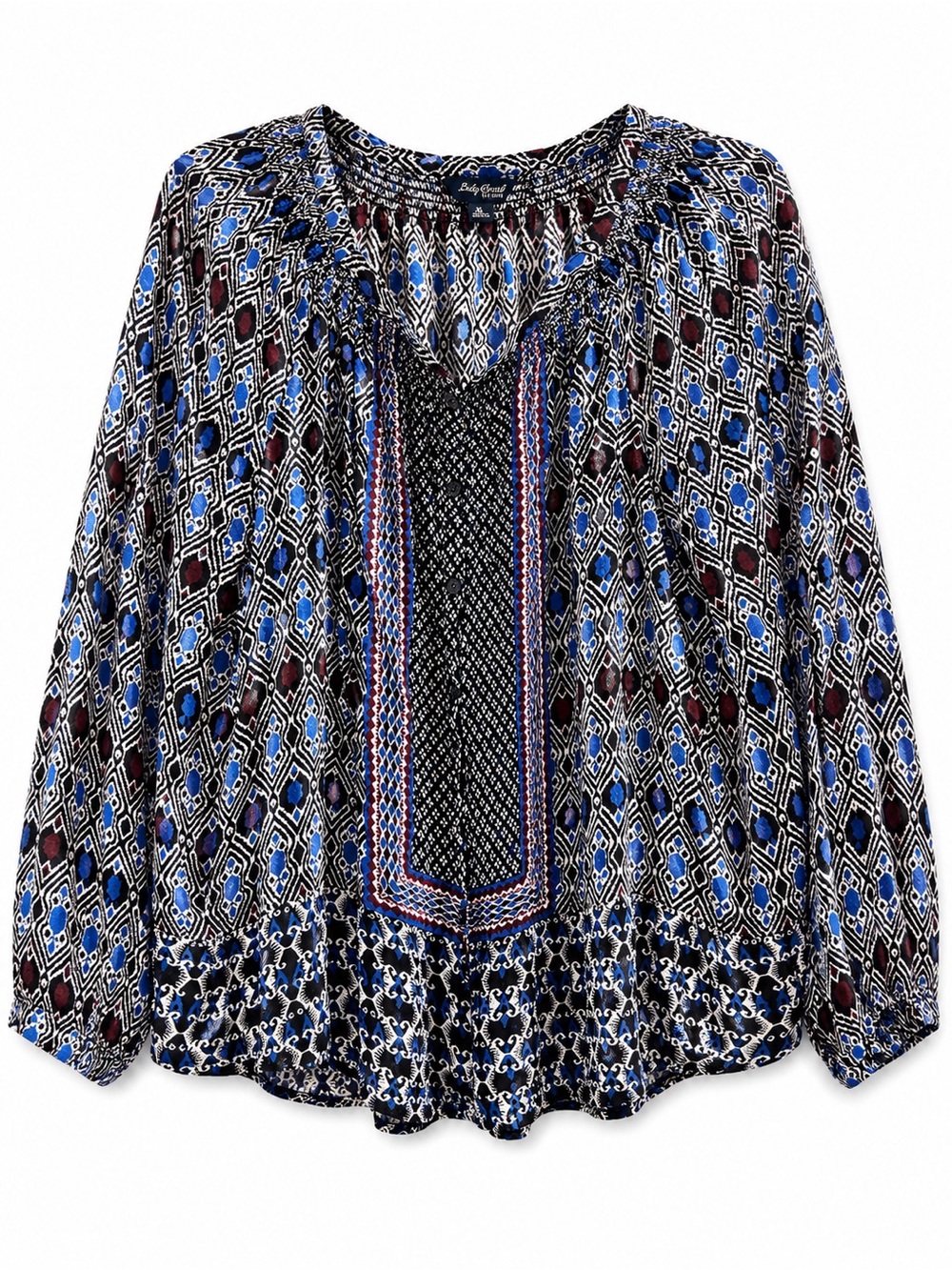 Lucky Brand Boho Peasant Blouse XL Blue Tribal Print Long Sleeve Festival Top